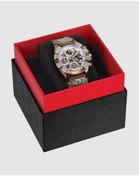 GUESS - ICONIC 40TH Logo 39mm Silver-Tone Case Brown Silicone Strap