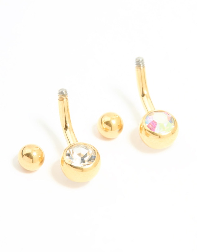 Lovisa - Gold Plated Titanium Cubic Zirconia Simple Belly Bars 2-Pack