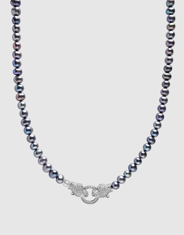 Nialaya Jewellery - Black Pearl Choker with Double Panther Head in Silver