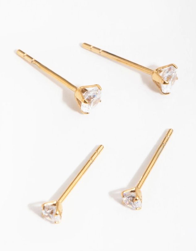 Lovisa - 24 Carat Gold Plated Surgical Steel Round Cubic Zirconia Pack Stud Earrings