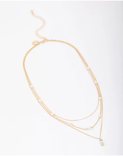 Lovisa - Gold Plated Brass Trio Pearl Baguette Layered Necklace