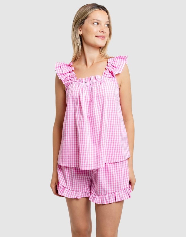 Sant And Abel - Women's Hepburn Gingham Pink Frill Tank PJ Set