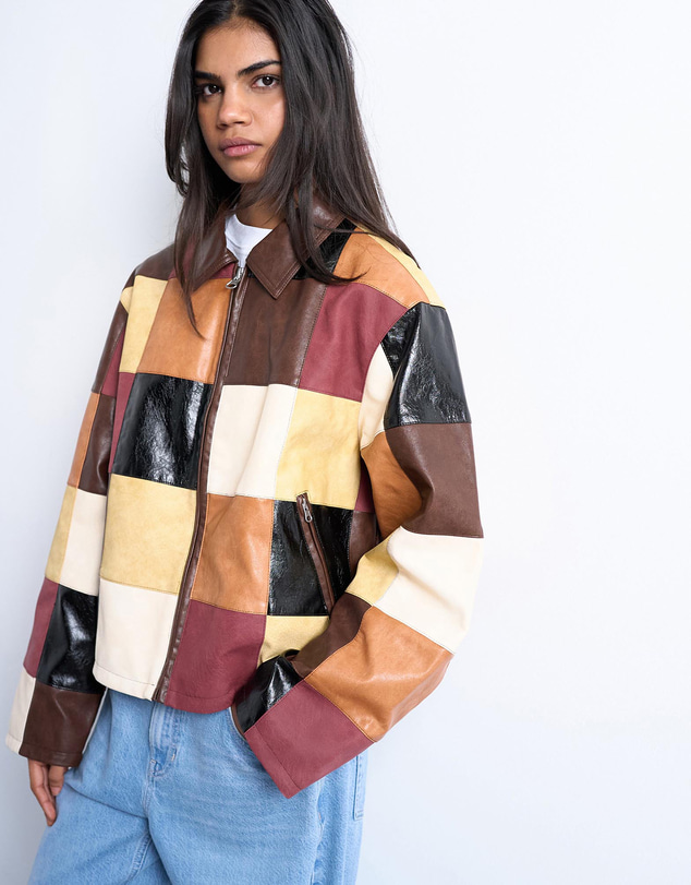 Faux Leather Patchwork Zip Jacket by TOPSHOP Online | THE ICONIC 