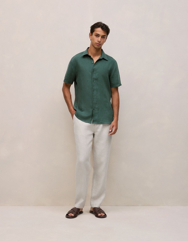 Trenery - Linen End On End Short Sleeve Shirt in Woodland Green