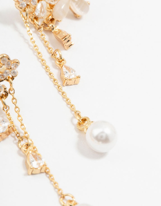 Lovisa - Gold Plated Flowers, Pearls & Pear Cubic Zirconia Drop Earrings