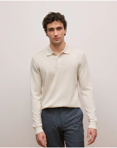 Trenery - Merino Long Sleeve Polo in Ivory