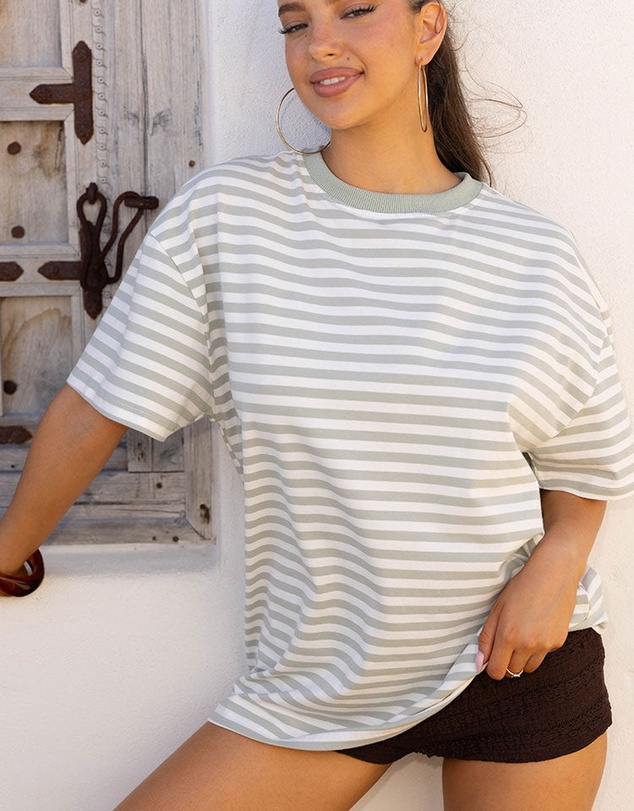 Beginning Boutique - Alba Sage Stripe Oversized Tee