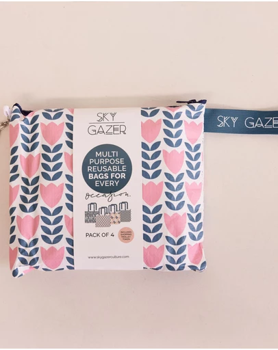 Sky Gazer - Multi-Use Reusable Bags (Pack of 4)- Navy & Pink