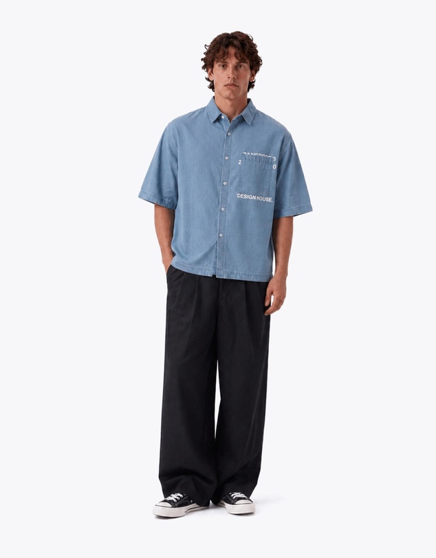 Zanerobe - Overlap Denim Crop Shirt Mid Blue