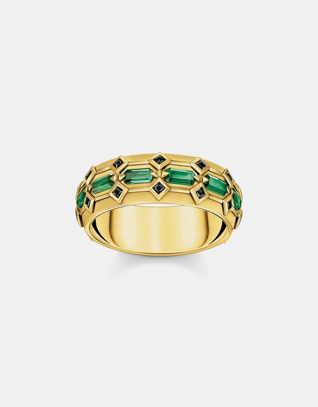 THOMAS SABO - Wide Gold Plated Crocodile Ring with Green Stones