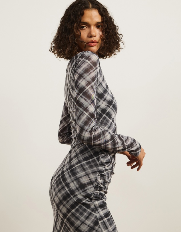 Atmos&Here - Ada Check Printed Mesh Long Sleeve Dress