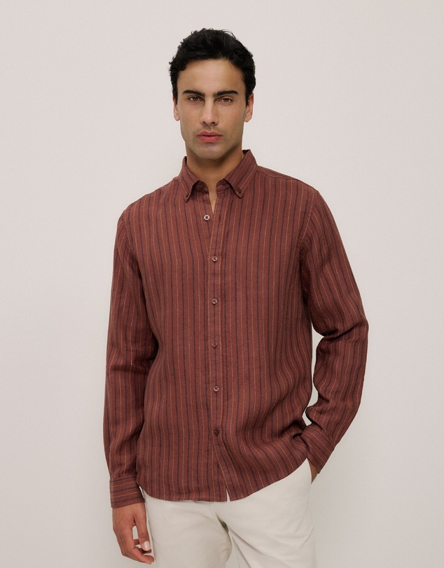 Trenery - Regular Fit Delave Linen Stripe Shirt in Redwood