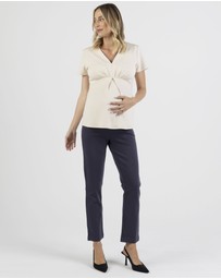 Angel Maternity - Sabine Soft Ponte Maternity V-Neck Work Top in Beige