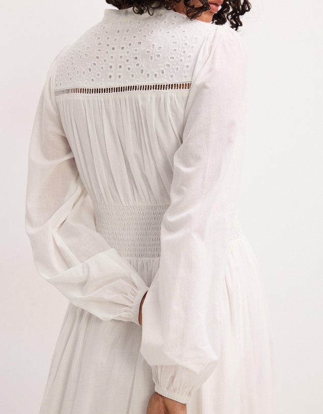 The Fated - Shirred Waist Broderie Hem Midi Dress
