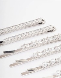 Lovisa - Silver Plated Cubic Zirconia Mixed Stone & Pearl Hair Clips 6-Pack