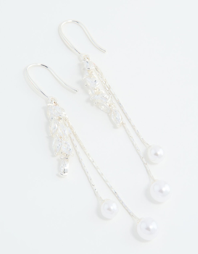 Lovisa - Silver Plated Cubic Zirconia Pearl Leaf Drop Hook Earrings