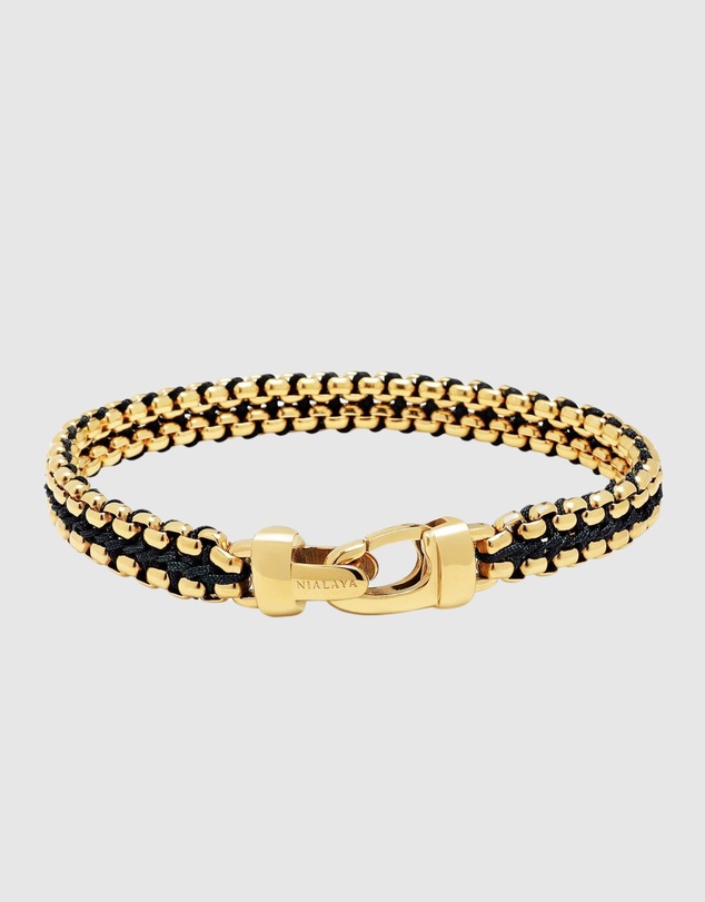 Nialaya Jewellery - Black Woven 8mm Box Chain Bracelet in Gold
