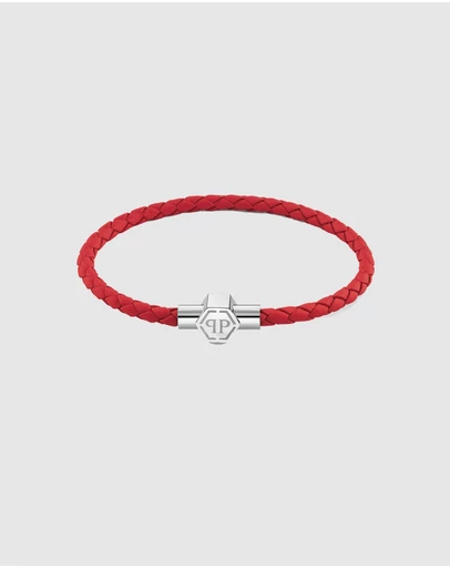 Philipp Plein - PLEIN TAG Silver-Tone  Red Leather Bracelet