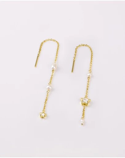 Wanderlust + Co - Wish Upon The Stars Pearl & Gold Threader Earrings