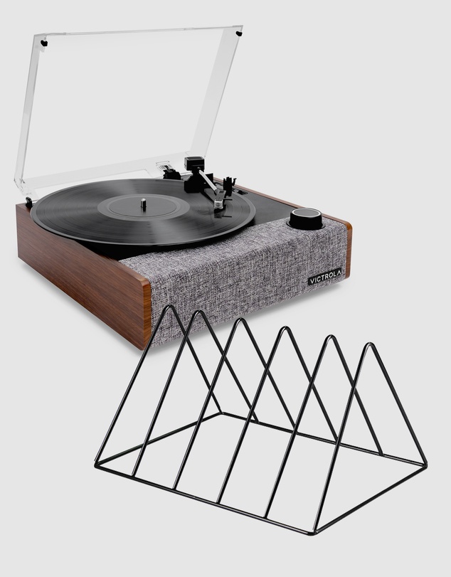 Victrola - Victrola Eastwood II Turntable - Walnut + Gadhouse Vinyl Rack Bundle - Black