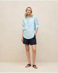 Trenery - Linen Relaxed Half Placket Shirt in Pastel Blue