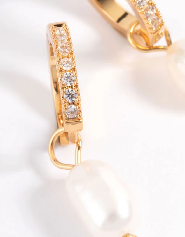 Lovisa - Waterproof Gold Plated Stainless Steel Diamante Freshwater Pearl Drop Huggie Earrings