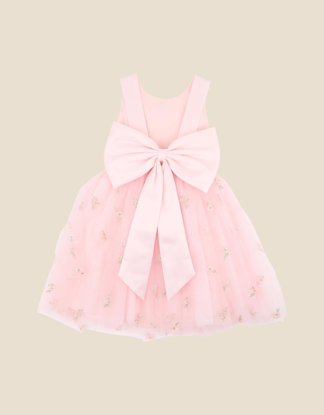 Bebe by Minihaha - Pink Floral Embroidered Back Bow Tulle Dress - Kids