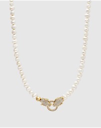 Nialaya Jewellery - Pearl Choker with Double Panther Head in Gold