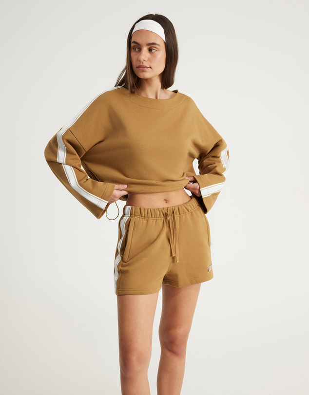 Upstate - Terry Boxy Crop Long Sleeve Top - Toffee
