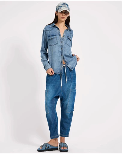 ONE TEASPOON - Isla Low Waist Drawstring Harem Denim Jeans - Blue Pasadena