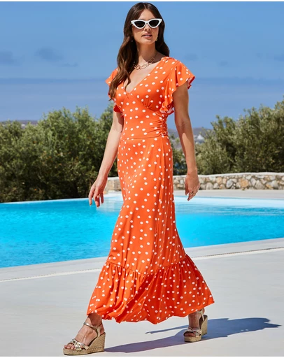 Sosandar - Spot Print Ruffle Detail Maxi Dress