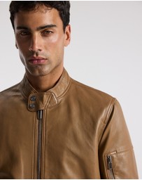 Calibre - Stand Collar Leather Bomber Jacket Camel