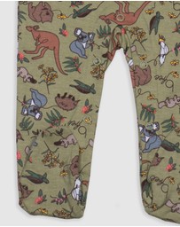 B Free Intimate Apparel - Baby Snap Button Sleepsuit with Booties - 100% Organic Cotton - Khaki Native Aussie Animals