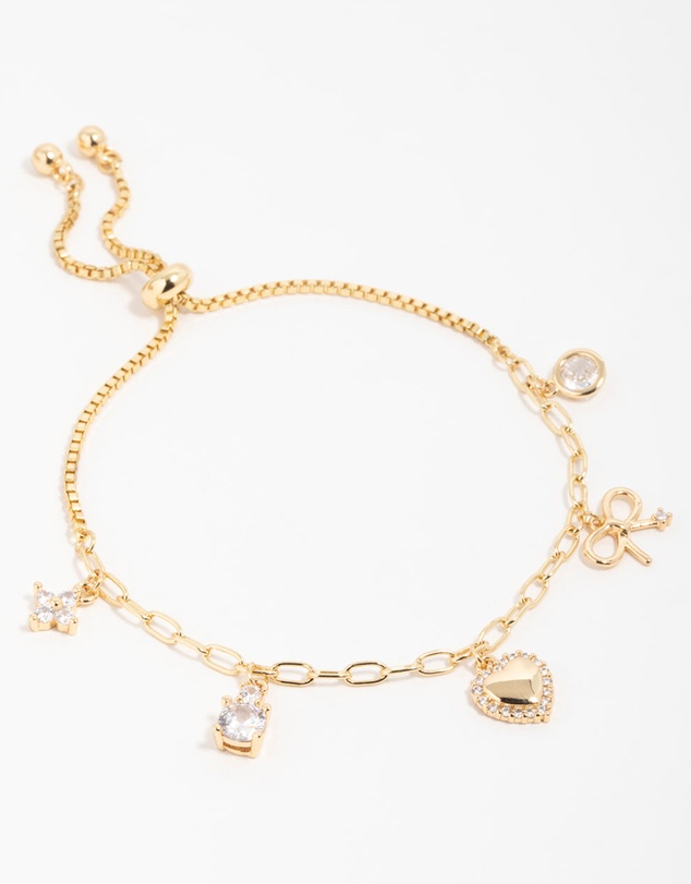 Lovisa - Gold Plated Brass Cubic Zirconia Heart & Bow Charm Toggle Bracelet