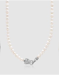 Nialaya Jewellery - White Pearl Necklace with Silver Panther Head Lock