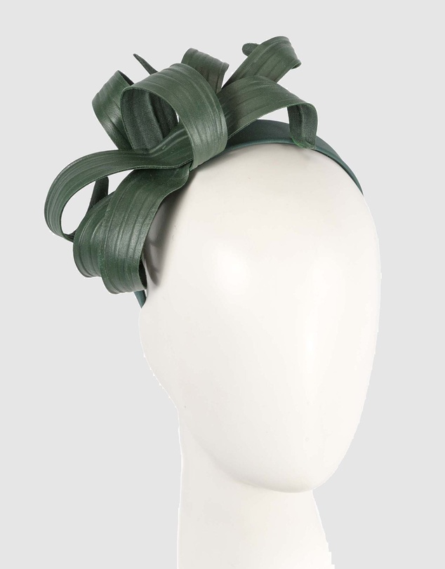 Max Alexander - Leather Leafs Green Headband Fascinator
