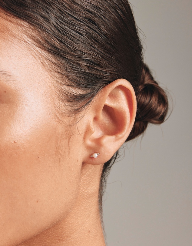Michael Hill - Three Stone Cultured Freshwater Pearl and Diamond Stud Earrings in 10kt Yellow Gold