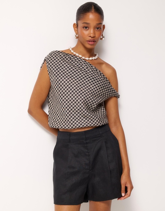 AERE - Isla Linen Gingham Off Shoulder Top