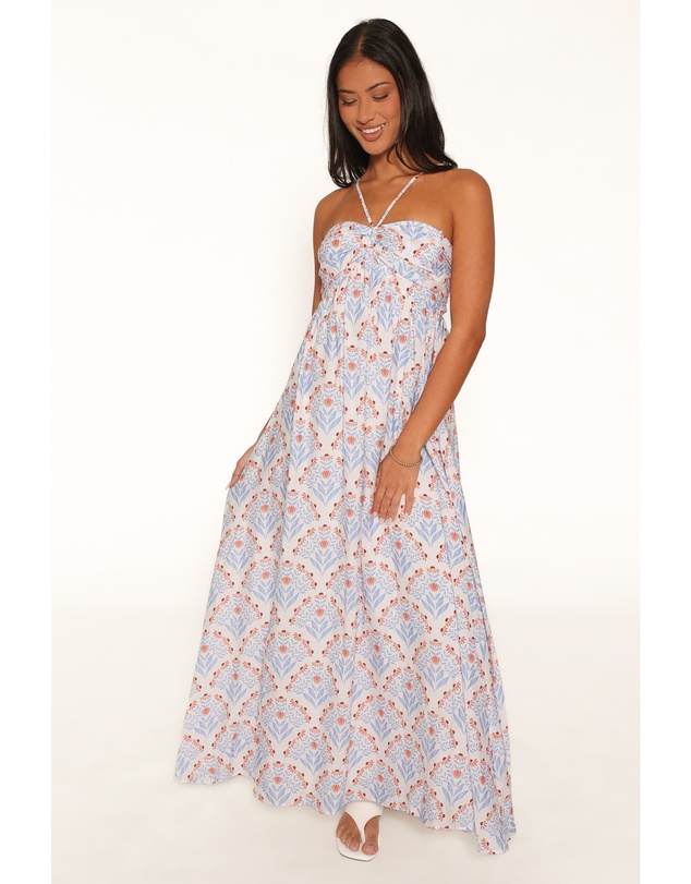Petal & Pup - Cascade Halterneck Maxi Dress - White Blue
