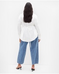 City Chic - Plus size Neck Tie Cotton Shirt - ivory