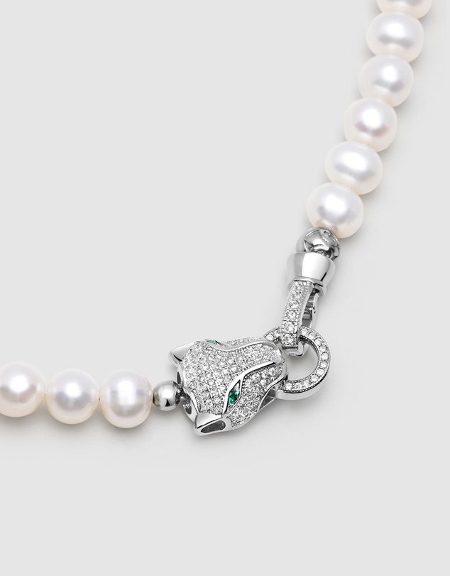 Nialaya Jewellery - White Pearl Necklace with Silver Panther Head Lock