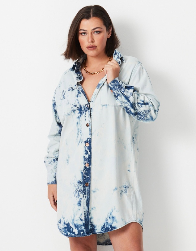 17 Sundays - Shibori Denim Shirt Dress - White