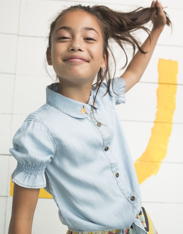 Like FLO - Soft Denim Knotted Blouse - Kids-Teens