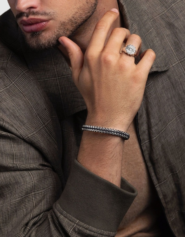 Nialaya Jewellery - Black Woven 8mm Box Chain Bracelet in Silver