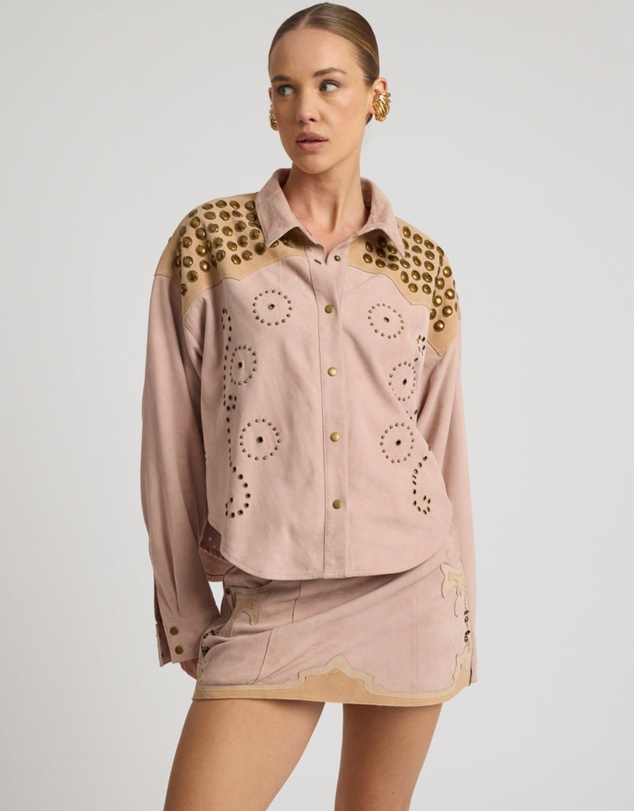 ONE TEASPOON - Rodeo Renegade Studded Applique Low Waist Mini Suede Skirt - Dusty Pink