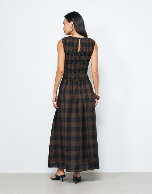 Revibe - Repaired AERE Inka Linen Gingham Shirred Maxi Dress - AU 14