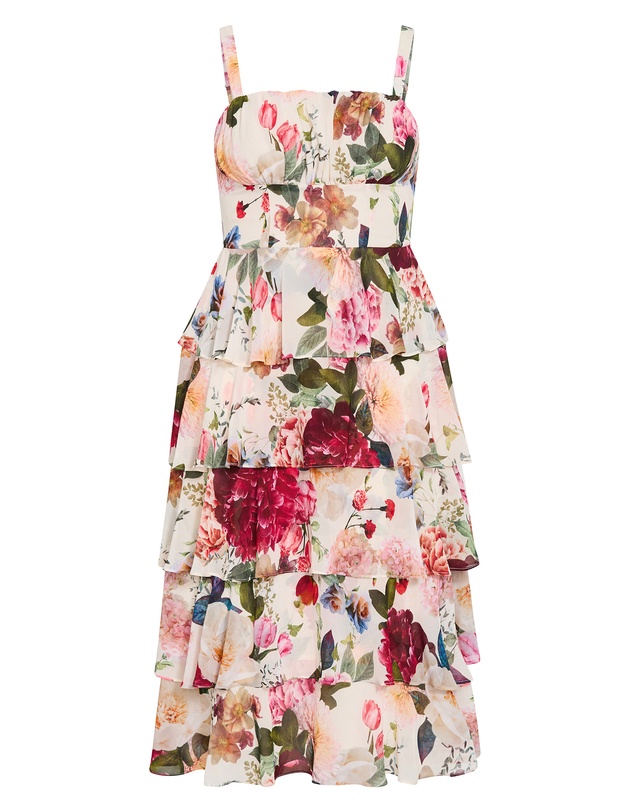 City Chic - Plus size Daniela Floral Print Ruffle Tier Dress - cream