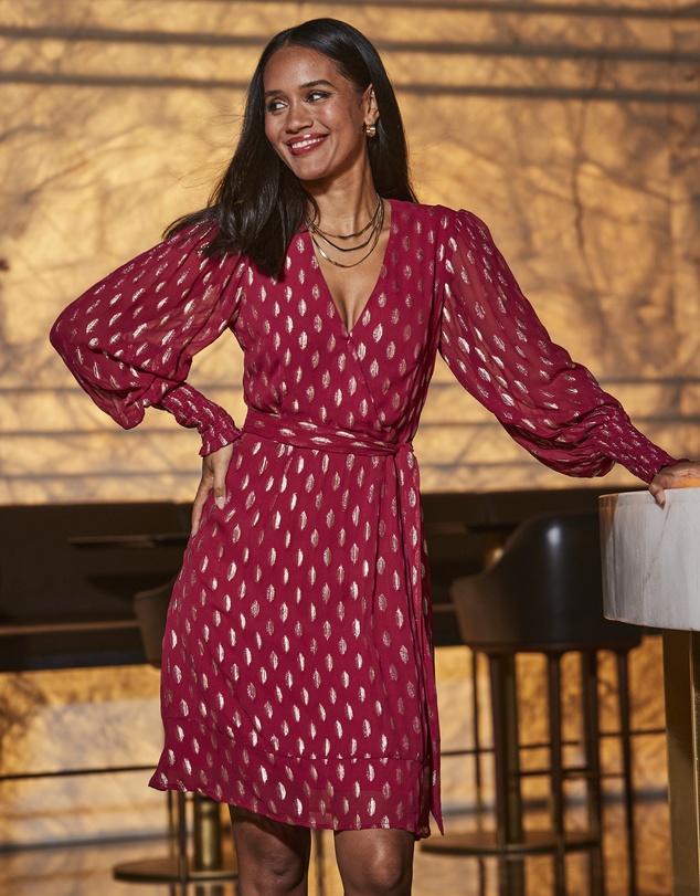 Sosandar - Metallic Spot Print Belted Wrap Dress