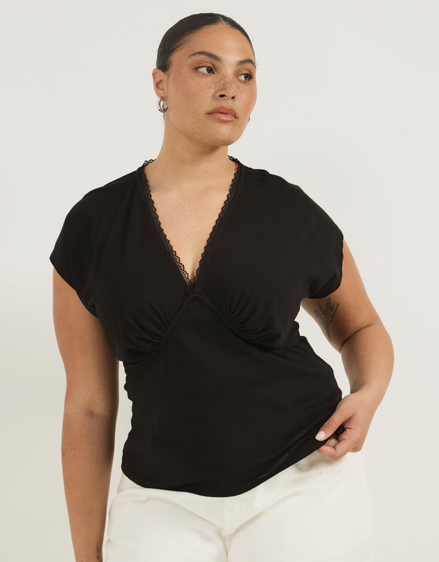 Atmos&Here Curvy - Rachel V-Neck Lace Trim T-Shirt
