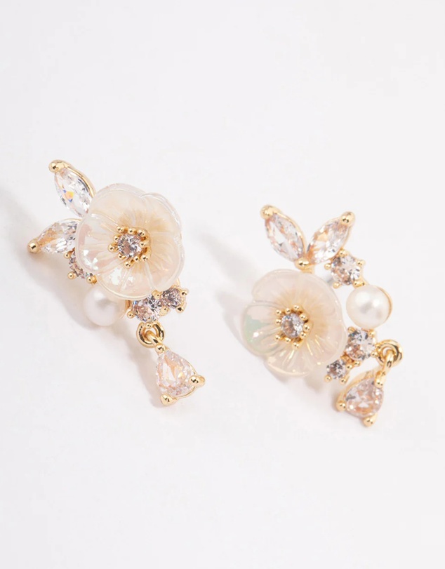 Lovisa - Gold Plated Cubic Zirconia Floral Detailed Pearl Earrings